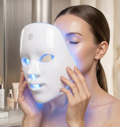 Máscara LED Facial Terapéutica encendida con luz LED roja